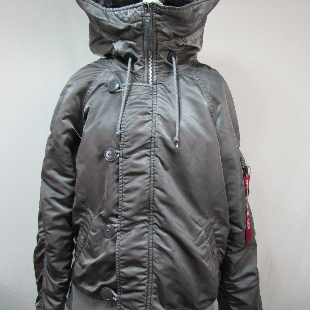 Alpha Industries Funnel Collar Hooded Military Bomber Winter Coat sz XL Gray